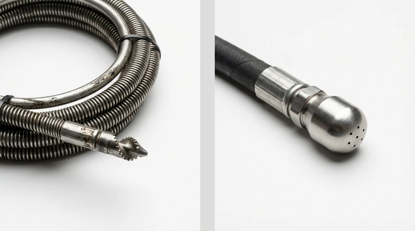 Drain snake cable and hydro jetting nozzle used for drain cleaning in Red Oak, IA