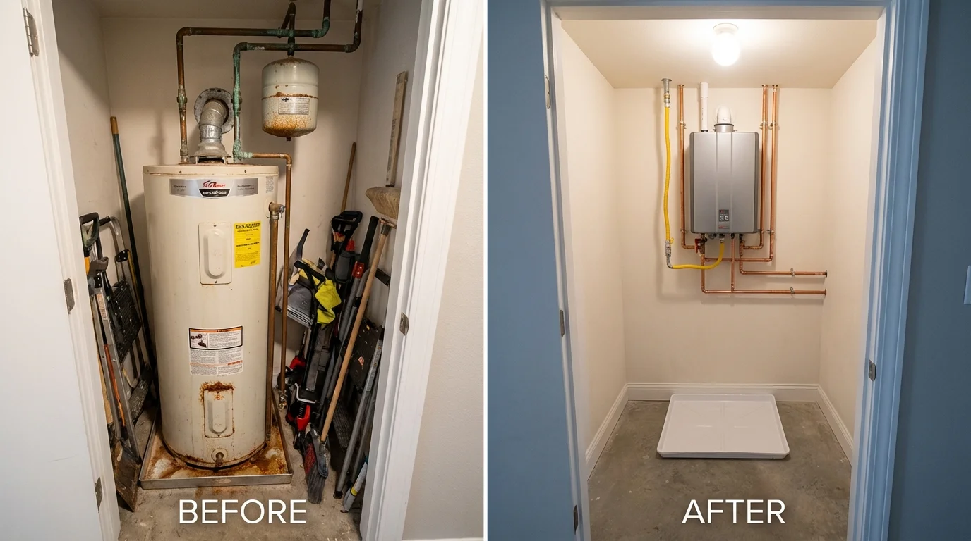 Tank water heater versus wall-mounted tankless unit comparison for Red Oak, IA homeowners