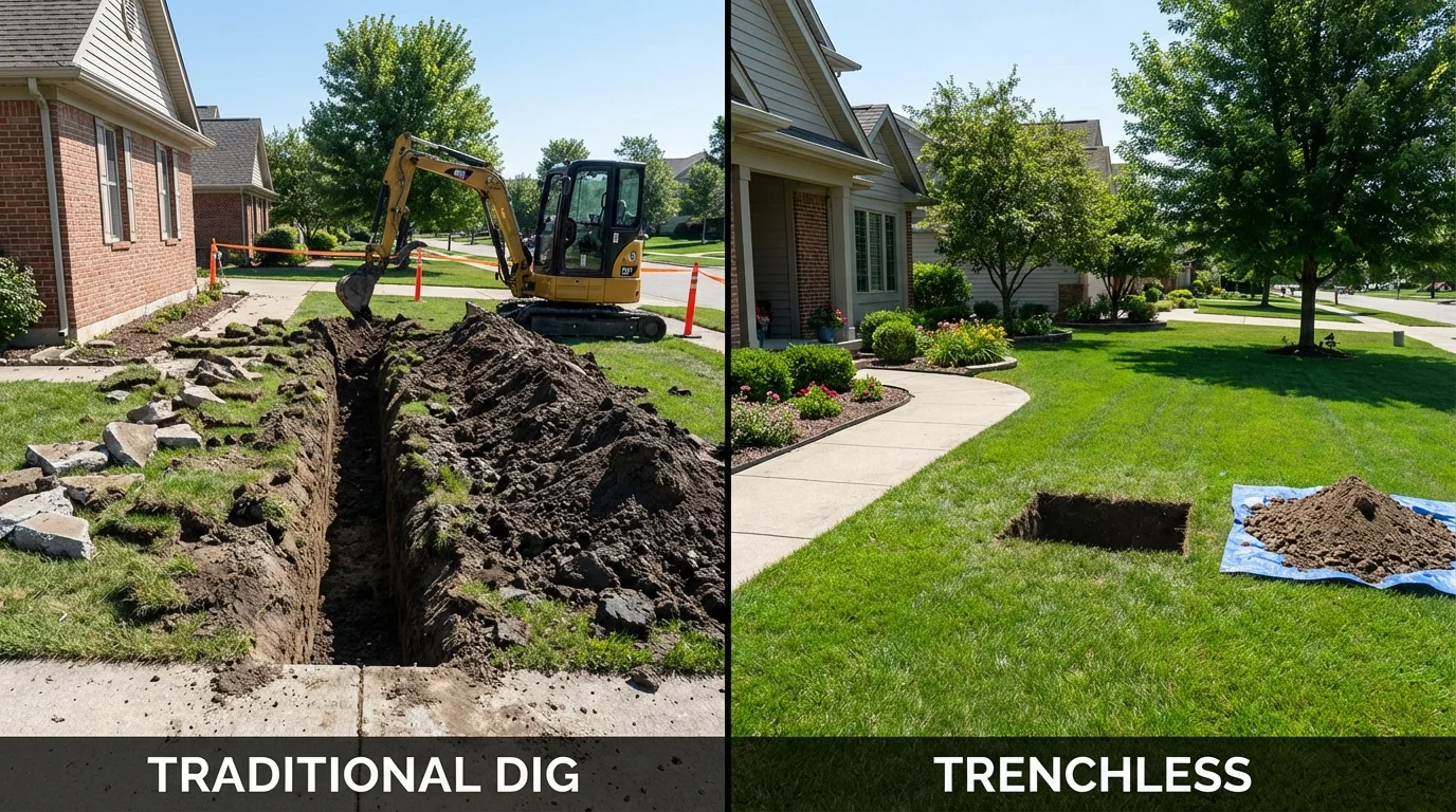 Trenchless sewer repair with minimal yard damage versus traditional excavation in Red Oak, IA