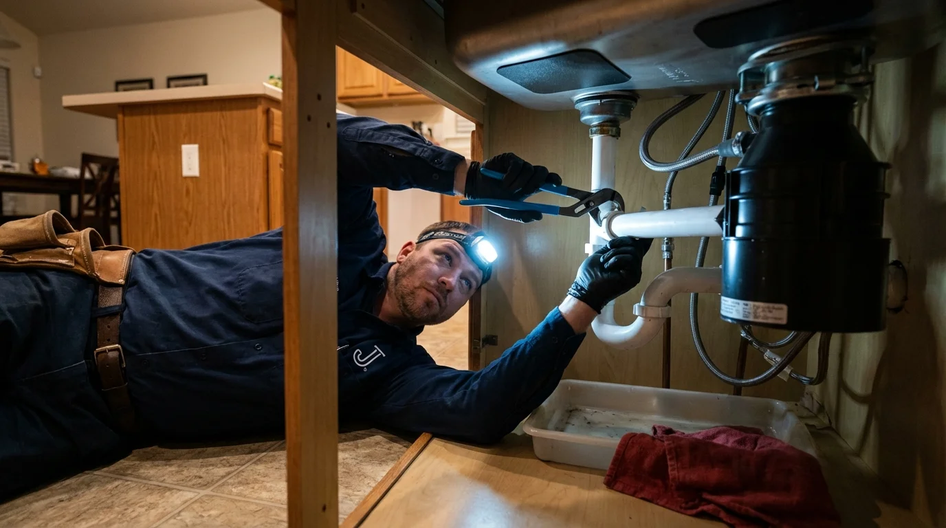 P-trap and supply line connections under a kitchen sink showing a common leak point in Red Oak, IA